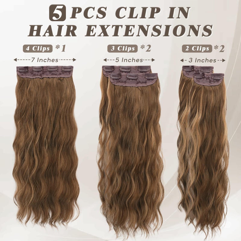 BARSDAR Wavy Clip in Hair Extensions - 20 Inch Highlight Clip in Hair Extensions for Women - 5PCs Thick Soft Synthetic Hairpieces Daily Party Halloween - Brown & Caramel Blonde - Image 2