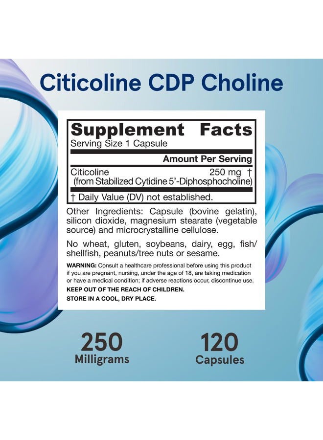 Citicoline CDP Choline 250 MG, CDP Choline Supplement Supports Brain Health, Performance and Memory, 120 Capsules, Up to a 120 Day Supply
