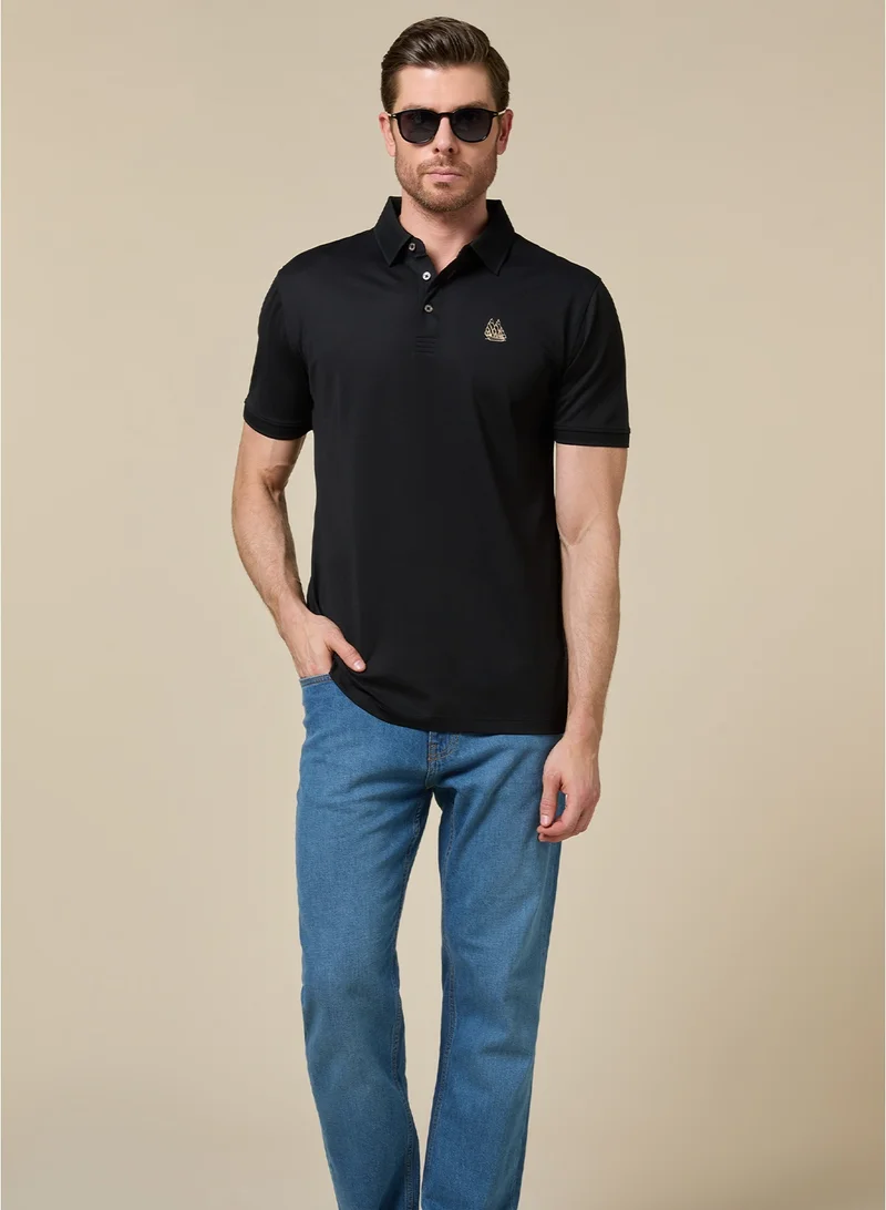 MANNERISM  Midnight Black Lyocell Silk Blend Polo Comfort Fit for Men | Best Price UAE