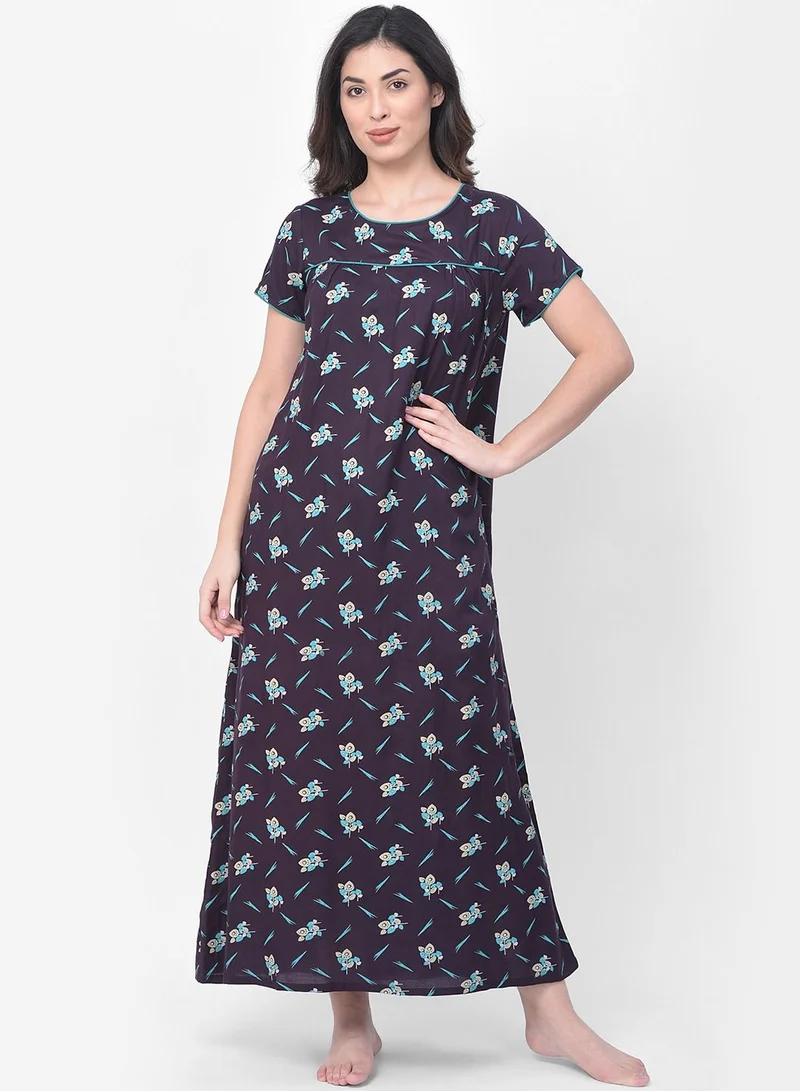 كلوفيا Clovia Leaf Print Long Nighty In Navy - Rayon