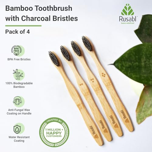 Rusabl Organic Bamboo Toothbrush for Adults (Pack of 4) Manual, Charcoal Activated Soft Bristles, Identification Marks, Biodegradable, Anti-Bacterial, Eco-friendly, Natural - Image 2