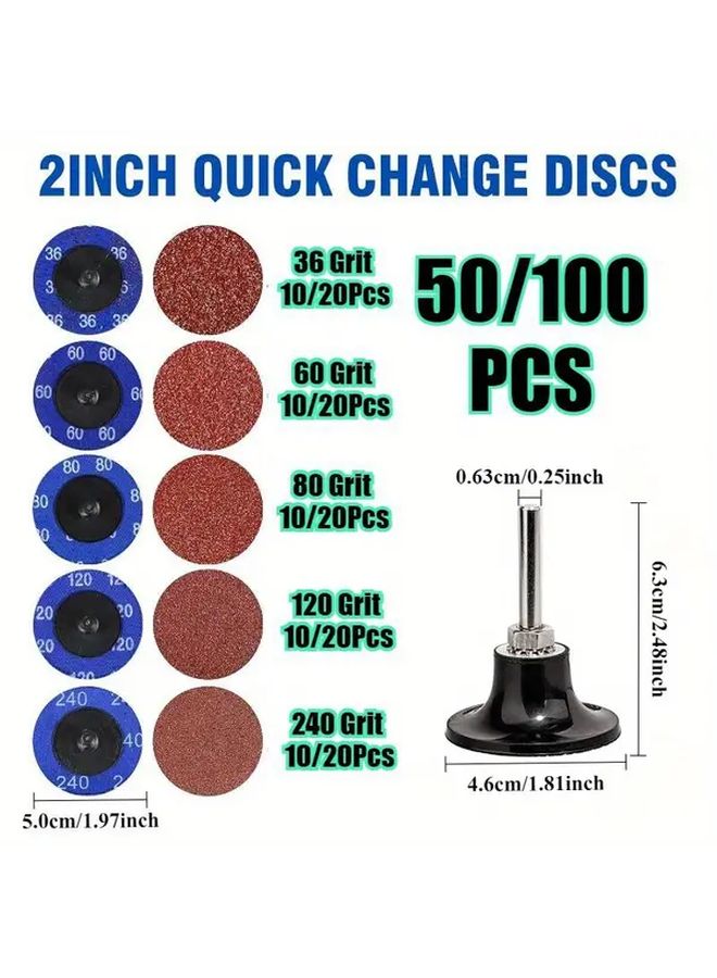 100 قطعة أقراص سنفرة سريعة التغيير 2 بوصة، ذيل 1/4 بوصة، حبيبات 36 60 80 120 240، للمطاحن الزاوية - Image 3