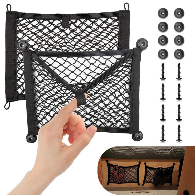 RED WOLF 2 Layer Small Mesh Cargo Net Elastic Storage Netting 2 Pcs Stretchable Car Organizer Net 14Ã—10 Inch for Trunk RV Boats Home Auto Cargo Net Pocket with Screws and Hooks - Image 1