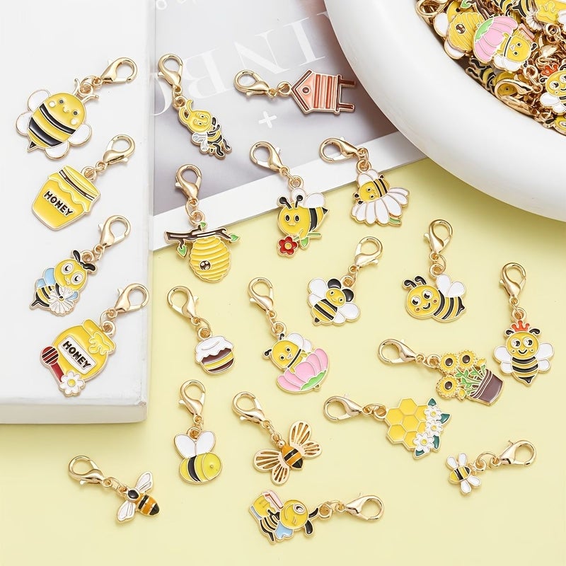 15pcs Yellow Bee Flower Honeycomb Enamel Pendant With Lobster Clasp For DIY Key Rings Keychain Accessories Holiday Gift Backpack Decoration Clothing Decor - Image 2