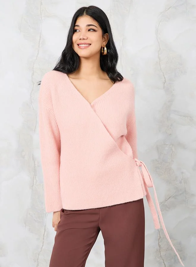 Styli Knitted Functional Wrap Top with Tie Side