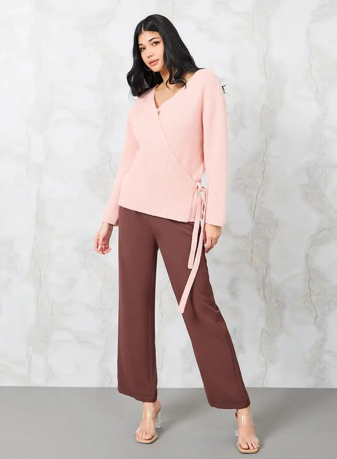 Styli Knitted Functional Wrap Top with Tie Side