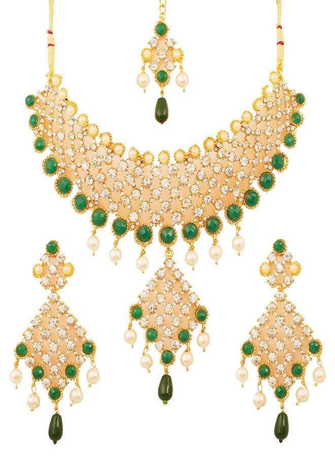 Touchstone Gold Tone Indian Bollywood Green Faux Emeralds/Pearls Bridal Jewelry Necklace Set for Women - Image 1