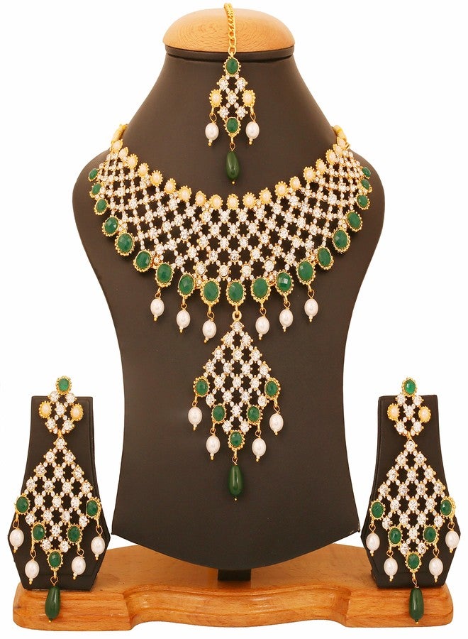 Touchstone Gold Tone Indian Bollywood Green Faux Emeralds/Pearls Bridal Jewelry Necklace Set for Women - Image 5