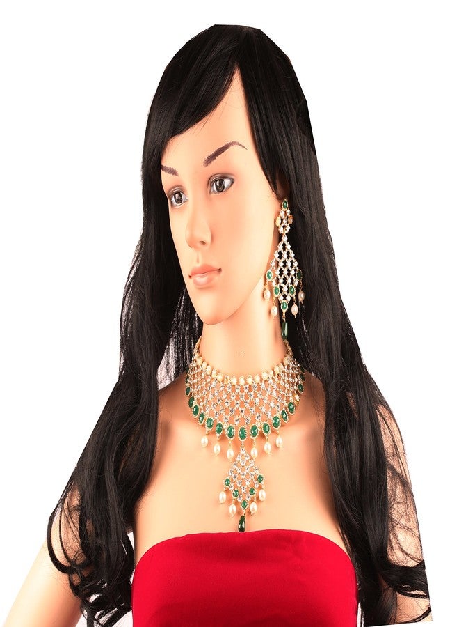Touchstone Gold Tone Indian Bollywood Green Faux Emeralds/Pearls Bridal Jewelry Necklace Set for Women - Image 4
