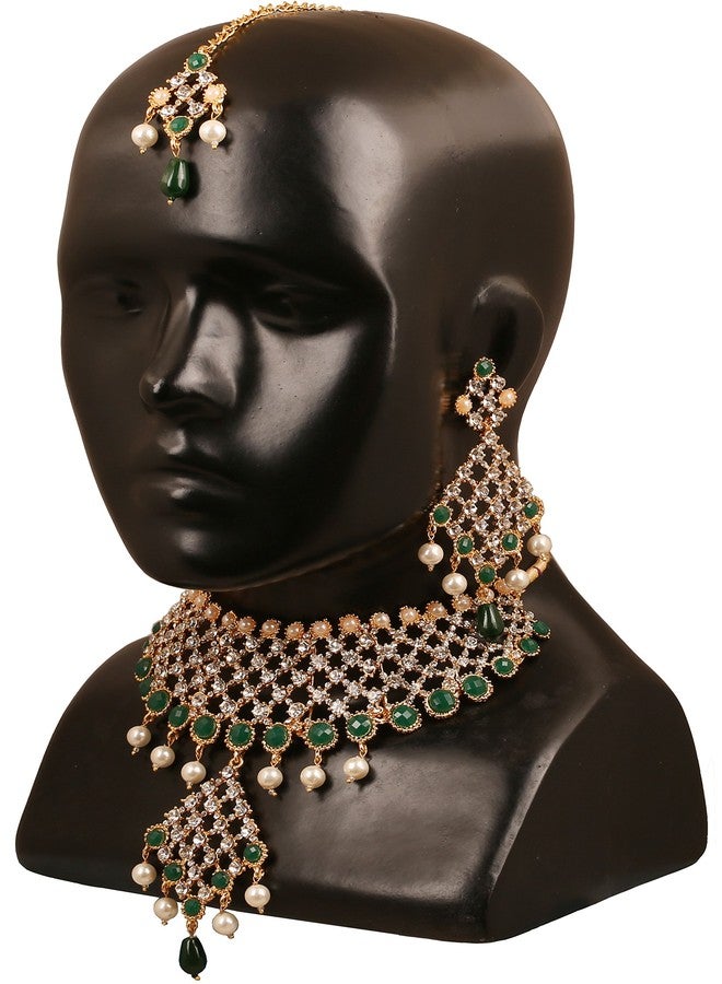 Touchstone Gold Tone Indian Bollywood Green Faux Emeralds/Pearls Bridal Jewelry Necklace Set for Women - Image 3