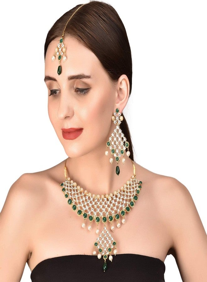 Touchstone Gold Tone Indian Bollywood Green Faux Emeralds/Pearls Bridal Jewelry Necklace Set for Women - Image 2