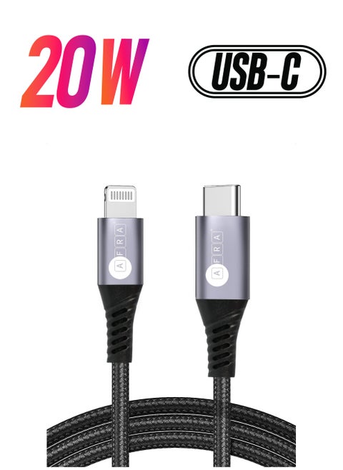 AFRA USB Charging Cable, 3A, 20W, Nylon-Braided Jacket, With Data Transmission, Type C to Lightning, 1 meter length, Durable, Tangle Free