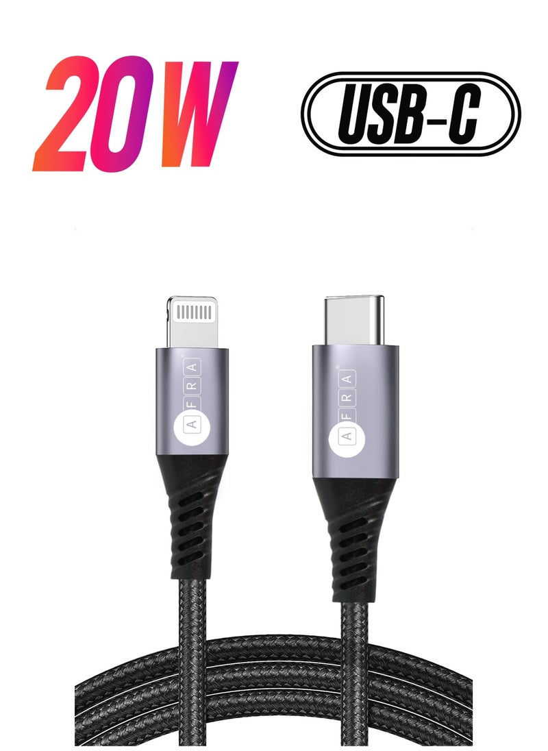 AFRA AFRA USB Charging Cable, 3A, 20W, Nylon-Braided Jacket, With Data Transmission, Type C to Lightning, 1 meter length, Durable, Tangle Free  - Image 1