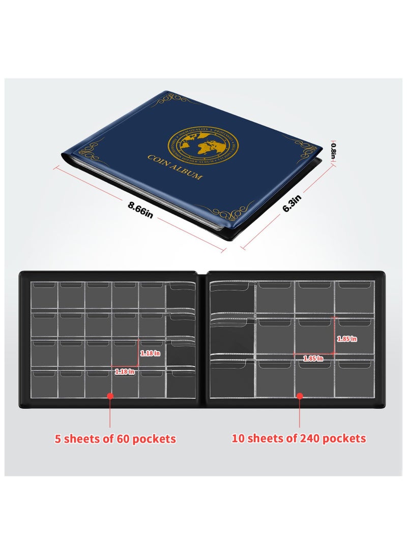 SYOSI Coin Collection Supplies for Collectors, 300 Pockets Coins Collecting Folder Album with PVC Free Sleeves for 20/25/ 27/30/ 38/ 46mm, Coin Book Holder Storage Organizer Case-Blue - Image 4