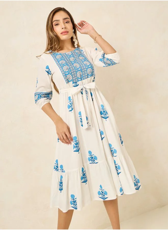 Styli All Over Print 3/4 Sleeve A-Line Midi Dress