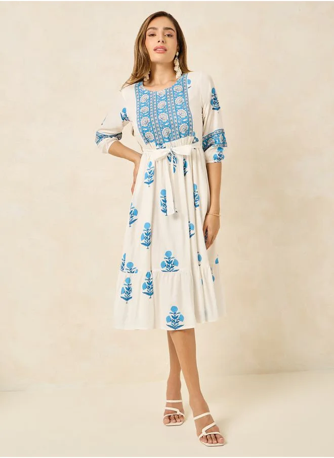 Styli All Over Print 3/4 Sleeve A-Line Midi Dress