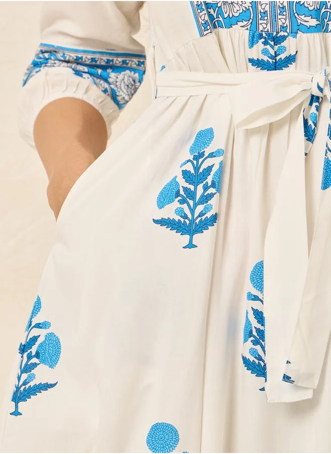 Styli All Over Print 3/4 Sleeve A-Line Midi Dress