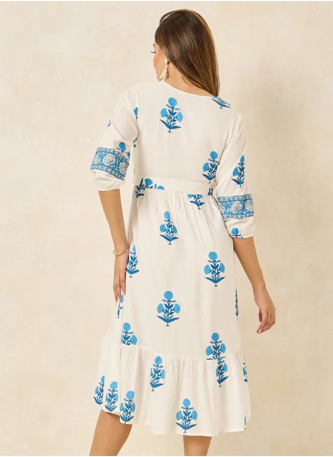 Styli All Over Print 3/4 Sleeve A-Line Midi Dress