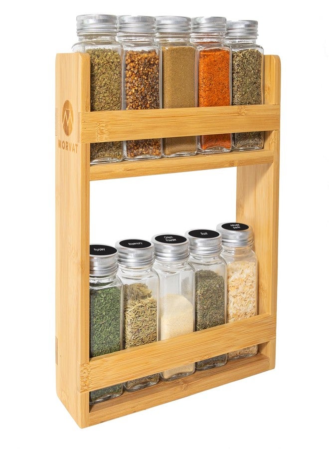 Morvat Bamboo Wooden Spice Jar Rack, 2-Tiered Seasoning Holder Organizer Set with 2 Shelves, Spice Storage Shelf for Kitchen Pantry & Cabinet, Counter or Wall Mount Option with Included Hardware - Image 1