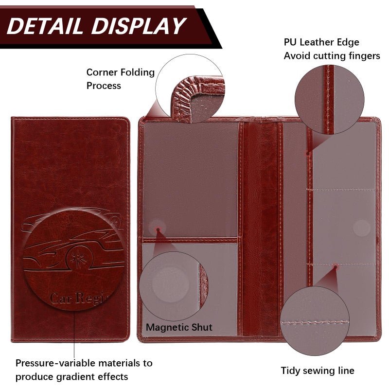 Peisicne Car Registration and Insurance Card Holder for Women Men, Dark Brown Glove Box Paperwork Organizer with Magnetic Buckle for Easy Access and Protect Documents and Various Cards in Vehicle - Image 4