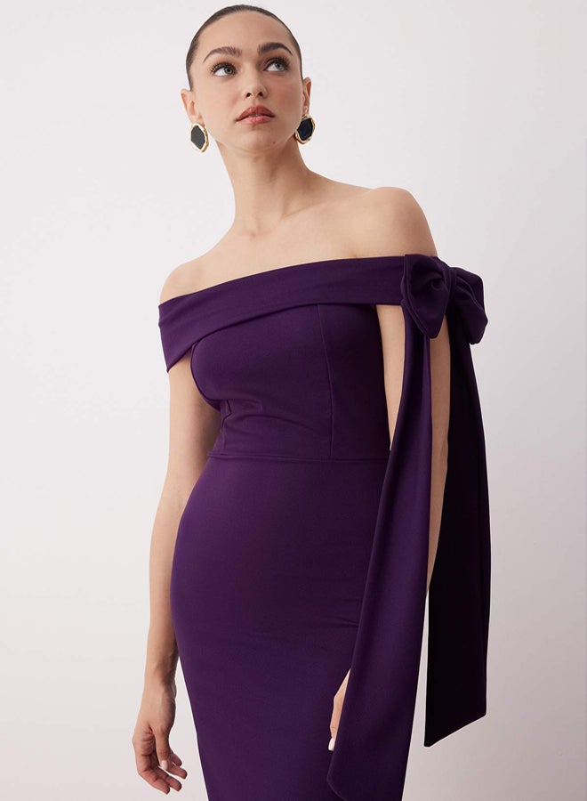 trendyol Purple Body Fitting Shoulder Bow Detail Knitted Stylish Evening Dress Night Homecoming Dress - Image 2