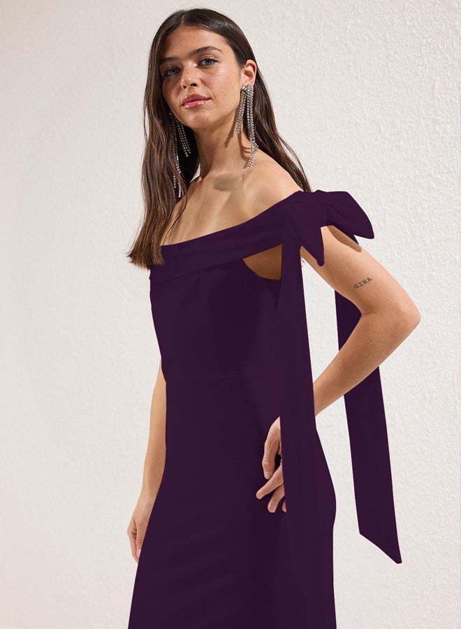 trendyol Purple Body Fitting Shoulder Bow Detail Knitted Stylish Evening Dress Night Homecoming Dress - Image 5