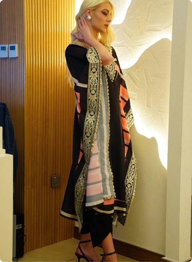 #Be Black Kaftan Set with Pink and Beige Accents