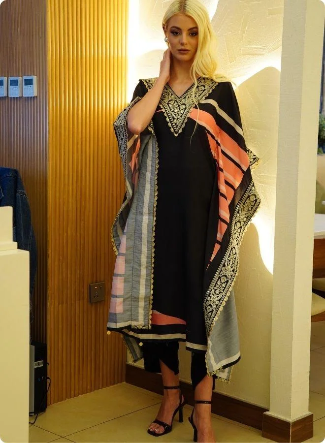 #Be Black Kaftan Set with Pink and Beige Accents