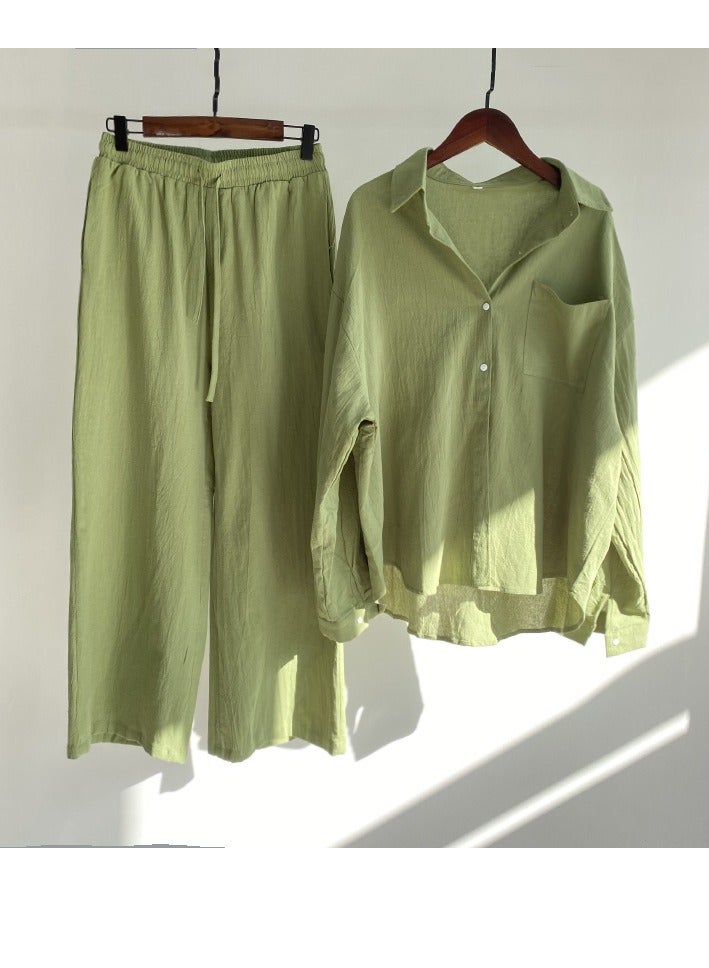 عام نسائي 2 قطعة موضة كلاسيكية لون الصلبة القطن الكتان مجموعة قميص الصيف الربيع حجم كبير نسائي متنفس بارد كم طويل لفة الرقبة قميص فضفاض السراويل - Image 1