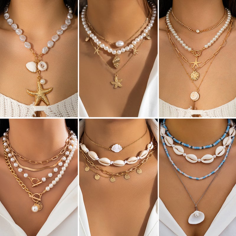 SHIXIN European and American Cross-Border Jewelry: Beaded Necklace with Beach-Style Imitation Pearls, Starfish and Shell Design for Vacation - Image 1