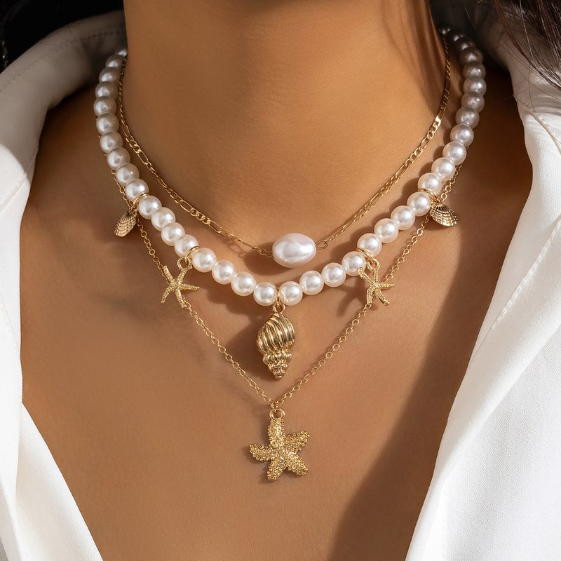 SHIXIN European and American Cross-Border Jewelry: Beaded Necklace with Beach-Style Imitation Pearls, Starfish and Shell Design for Vacation - Image 3