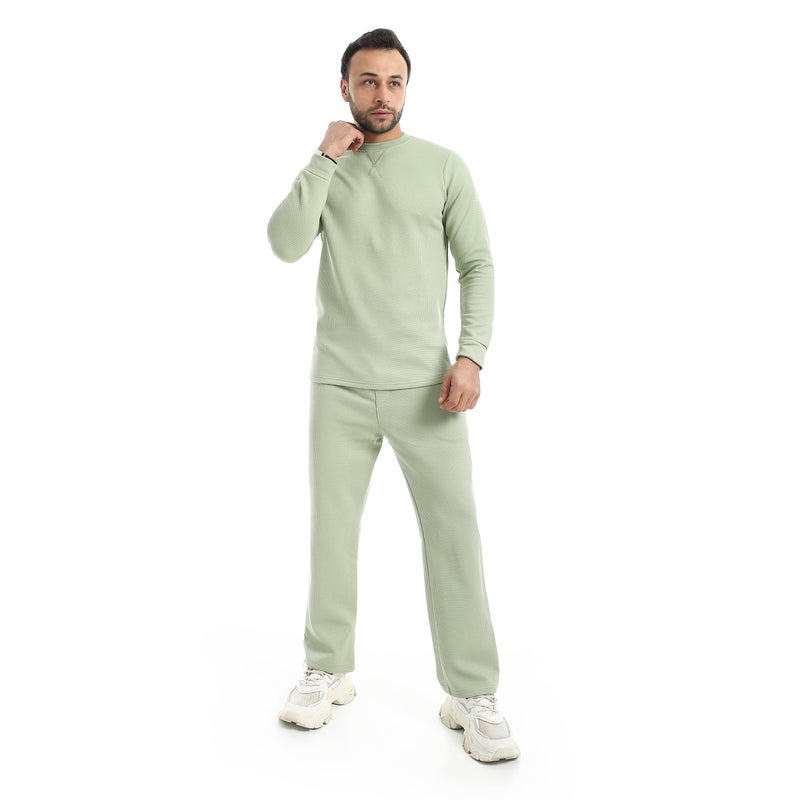 Andora Crew Neck Collar Self Patterened Green Long Sleeves Pullover-Green - Image 5