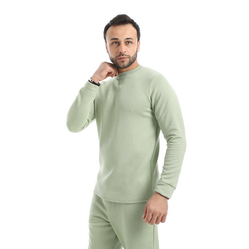 Andora Crew Neck Collar Self Patterened Green Long Sleeves Pullover-Green - Image 2