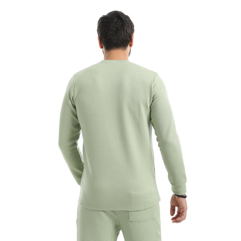 Andora Crew Neck Collar Self Patterened Green Long Sleeves Pullover-Green - Image 3