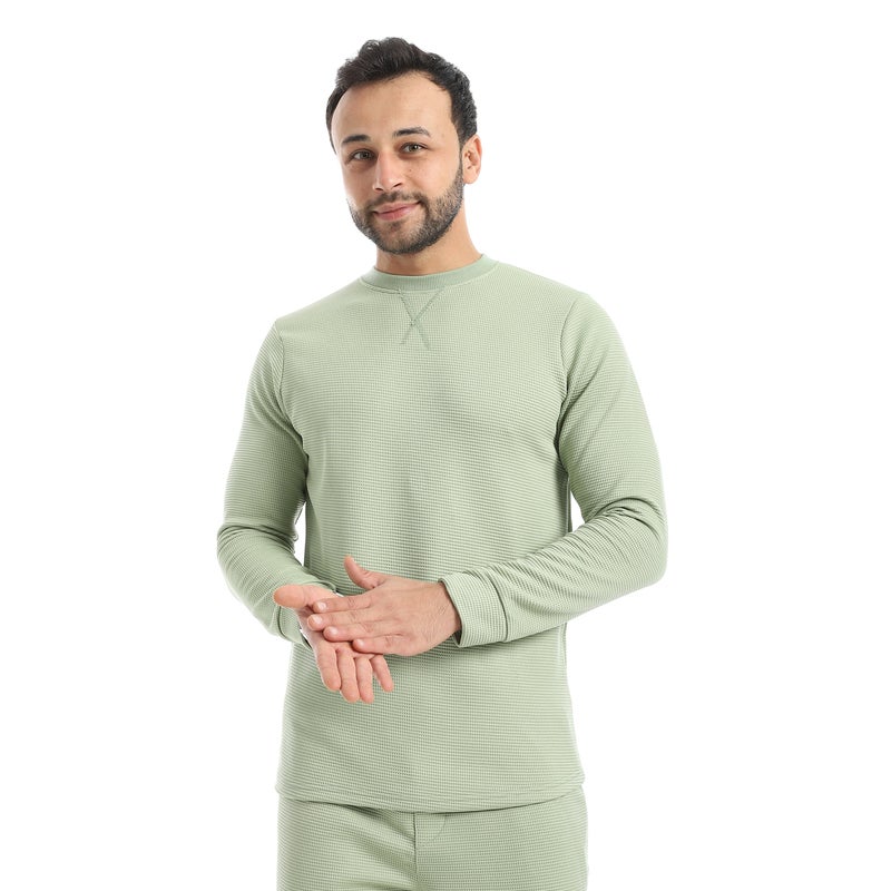 Andora Crew Neck Collar Self Patterened Green Long Sleeves Pullover-Green - Image 1