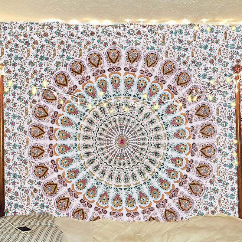 Bless International Handmade Indian hippie Bohemian Psychedelic Peacock Mandala Wall hanging College Dorm Beach Throws Table Cloth Bedding Tapestry (Floral Gold, Medium(54x60Inches)(137x152cms)) - Image 1