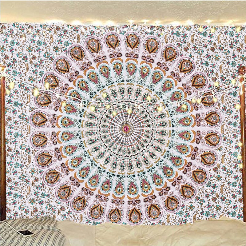 Bless International Handmade Indian hippie Bohemian Psychedelic Peacock Mandala Wall hanging College Dorm Beach Throws Table Cloth Bedding Tapestry (Floral Gold, Medium(54x60Inches)(137x152cms)) - Image 5