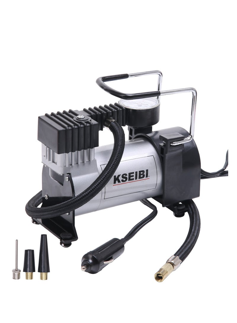 KSEIBI Inflating Air Compressor with Power Cord & Gauge, Compact and Portable, 3pc Inflation Tip Kit. Metal 12V Air Compressor Pump 20 Amps with Adapter for Car, Bike, Truck, SUV Tires, Dinghy, Air Bed/ Car Accessories.  - Image 1