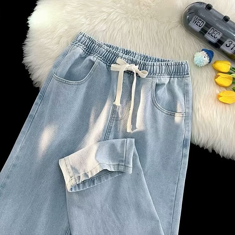 Light Color Jeans Men'S Elastic Waist Summer Thin Light Blue Student Men'S Drawstring Straight Tube Loose Pants For Boys - Image 2