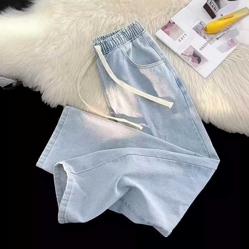 Light Color Jeans Men'S Elastic Waist Summer Thin Light Blue Student Men'S Drawstring Straight Tube Loose Pants For Boys - Image 3