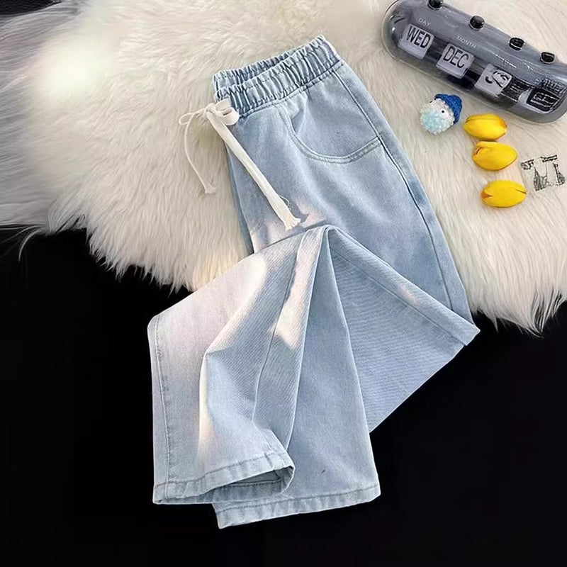Light Color Jeans Men'S Elastic Waist Summer Thin Light Blue Student Men'S Drawstring Straight Tube Loose Pants For Boys - Image 4