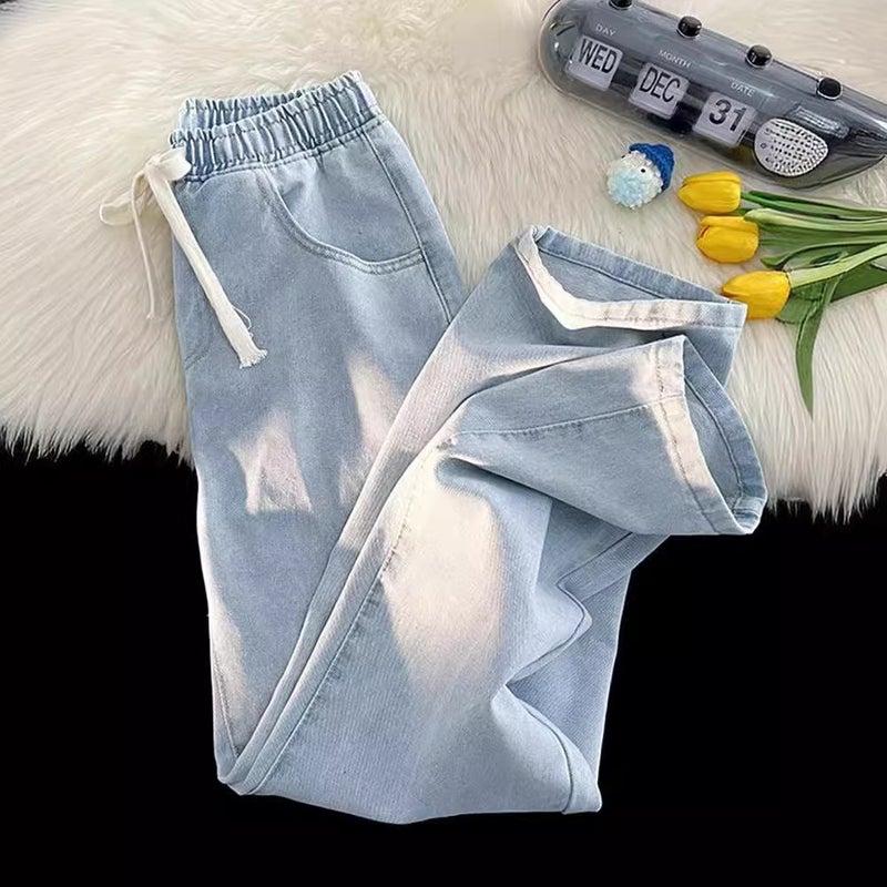 Light Color Jeans Men'S Elastic Waist Summer Thin Light Blue Student Men'S Drawstring Straight Tube Loose Pants For Boys - Image 5