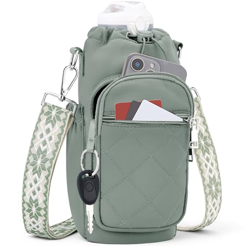 SYTRAH Water Bottle Carrier Bag with Strap Water Bottle Purse with Phone Pocket 40oz Insulated Crossbody Bags for Walking Hiking Antique Green - Image 1