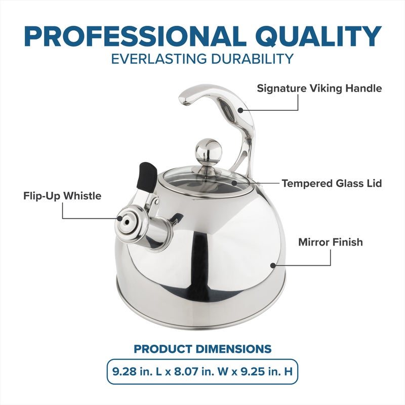 Viking 3-Ply Stainless Steel Tea Kettle, 2.6 Quart Stovetop Hot Water Pot with Tempered Glass Lid, Ergonomic Handle, Induction Ready, Mirror Finish - Image 5