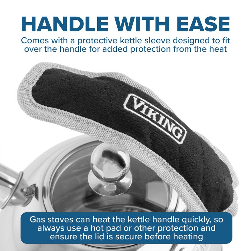 Viking 3-Ply Stainless Steel Tea Kettle, 2.6 Quart Stovetop Hot Water Pot with Tempered Glass Lid, Ergonomic Handle, Induction Ready, Mirror Finish - Image 3