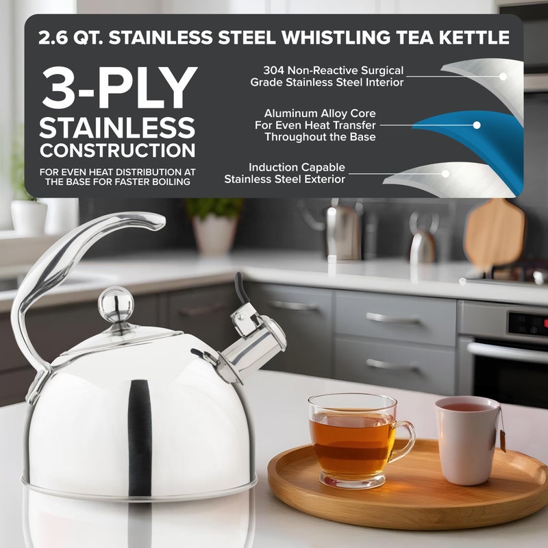 Viking 3-Ply Stainless Steel Tea Kettle, 2.6 Quart Stovetop Hot Water Pot with Tempered Glass Lid, Ergonomic Handle, Induction Ready, Mirror Finish - Image 2