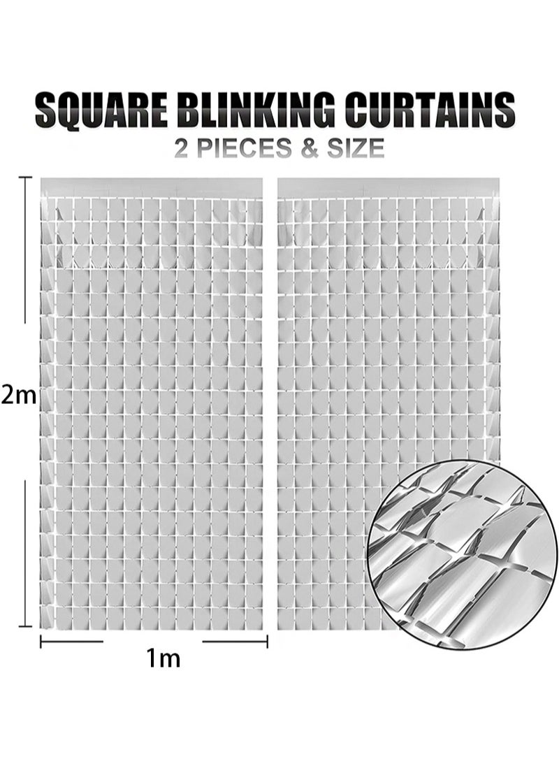 Silver Shimmer Wall Backdrop, Square Backdrop Curtain，Silver Streamer Backdrop for Party Decorations(2 Pieces, 1m*2m Each)