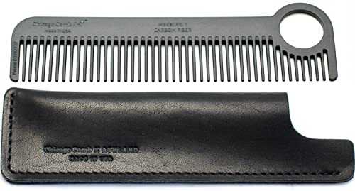 Chicago Comb Model 1 Carbon Fiber + Black Horween leather sheath, pocket and travel comb, Made in USA - Image 1