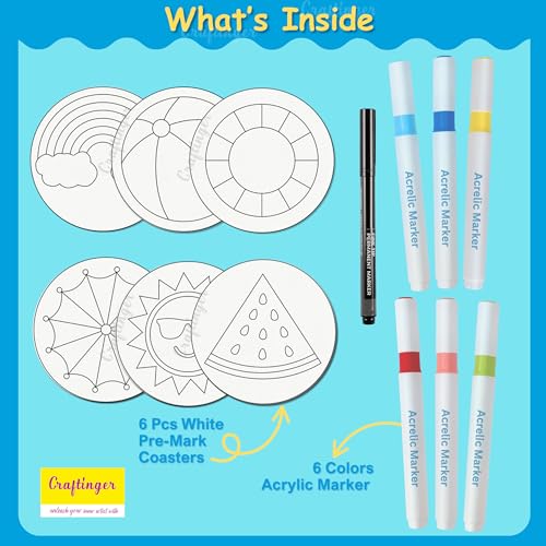 Craftinger Coaster Painting Kit for Kids | DIY Art & Craft Set with 6 Pre-Marked Coasters, Set-6 Acrylic Markers, Brushes, Palette Tray & Gloss Varnish | Creative Painting Gift Box for Boys & Girls, Home, Office, Activity, Coloring Tea Cup Table Birthday Kitchen (Sunny Beach) - Image 2