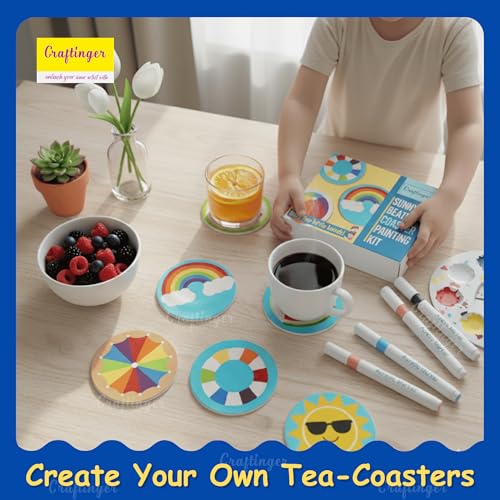 Craftinger Coaster Painting Kit for Kids | DIY Art & Craft Set with 6 Pre-Marked Coasters, Set-6 Acrylic Markers, Brushes, Palette Tray & Gloss Varnish | Creative Painting Gift Box for Boys & Girls, Home, Office, Activity, Coloring Tea Cup Table Birthday Kitchen (Sunny Beach) - Image 3